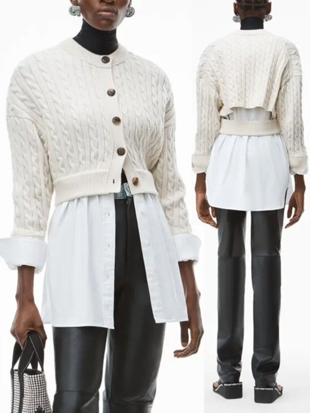 Alexander Wang Bi-Layer Cable Cardigan with Oxford Shirting Size M Designer $475